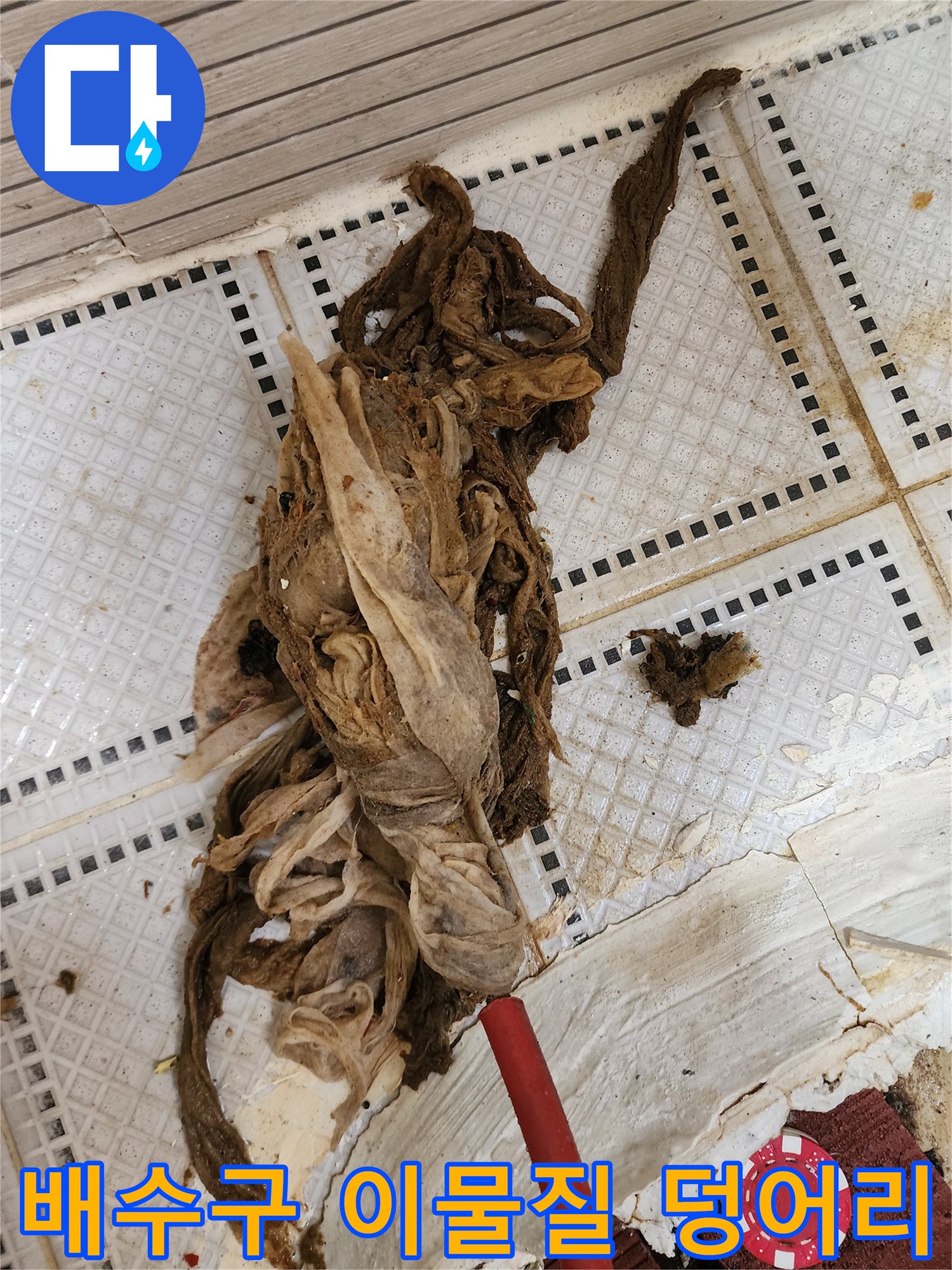 화장실 바닥 배수구에서 끌어올린 거대한 머리카락과 섬유 슬러지 뭉치