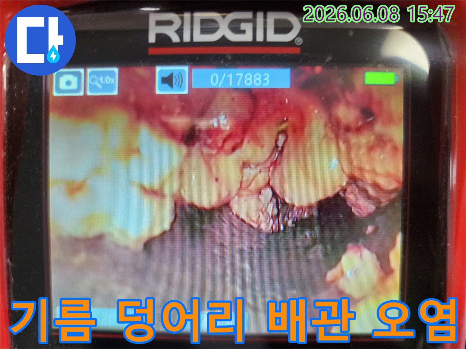 하수구 배관 내부를-가득 채운 하얀 기름 슬러지