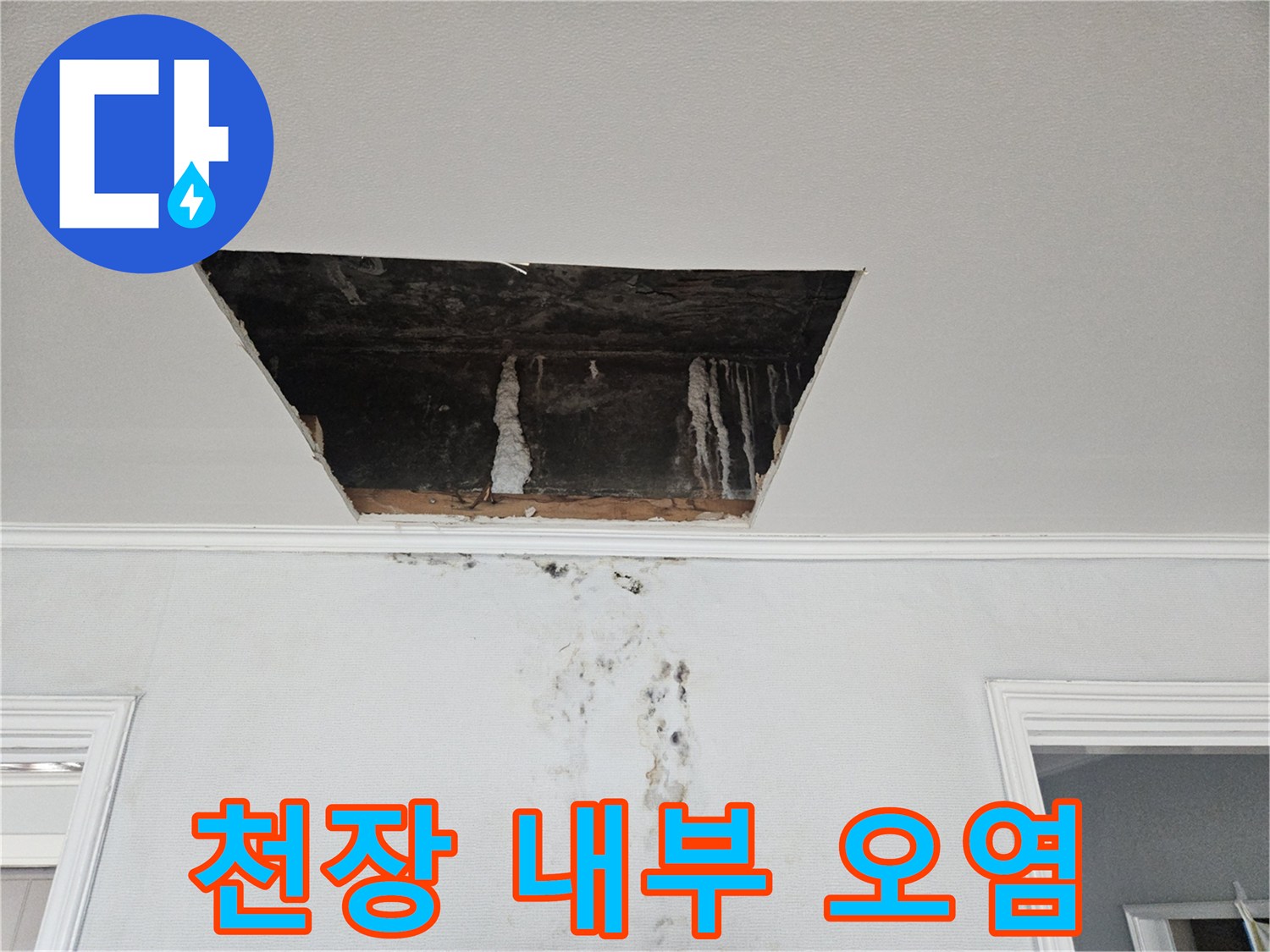 누수로 인해 하얗게 굳은 석회와 벽면의 어두운 얼룩