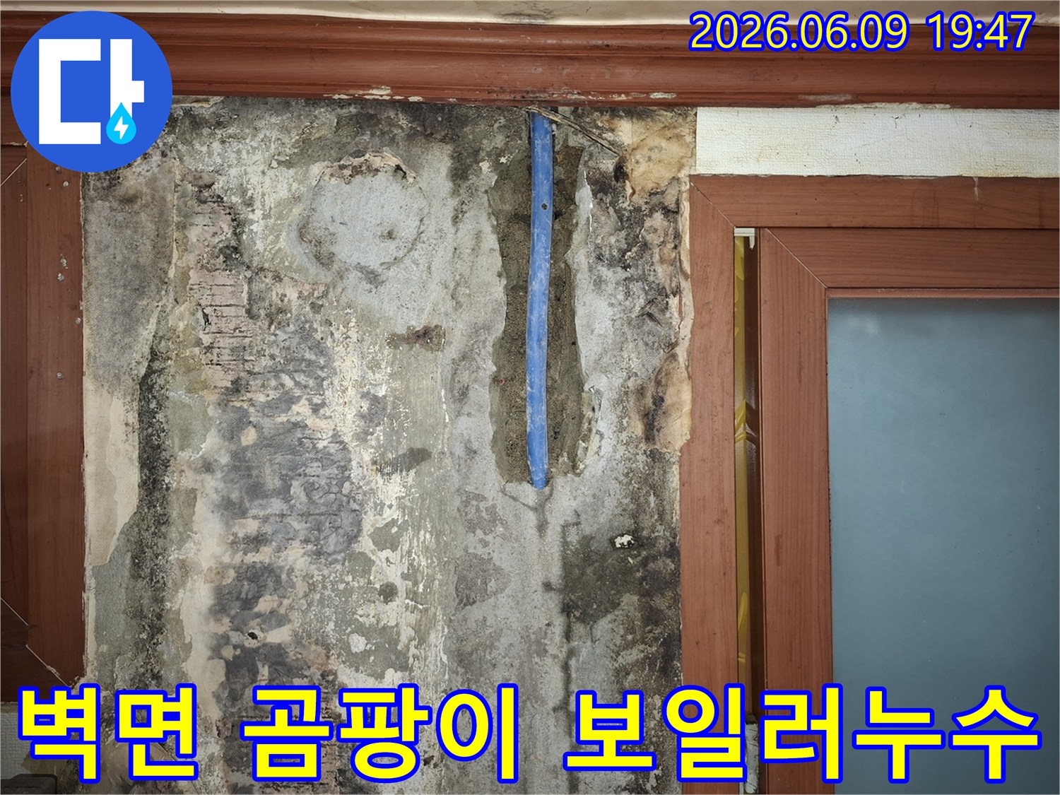 보일러-누수로-인해-벽면이-심하게-손상되고-곰팡이가-발생한-현장을-점검하는-사진