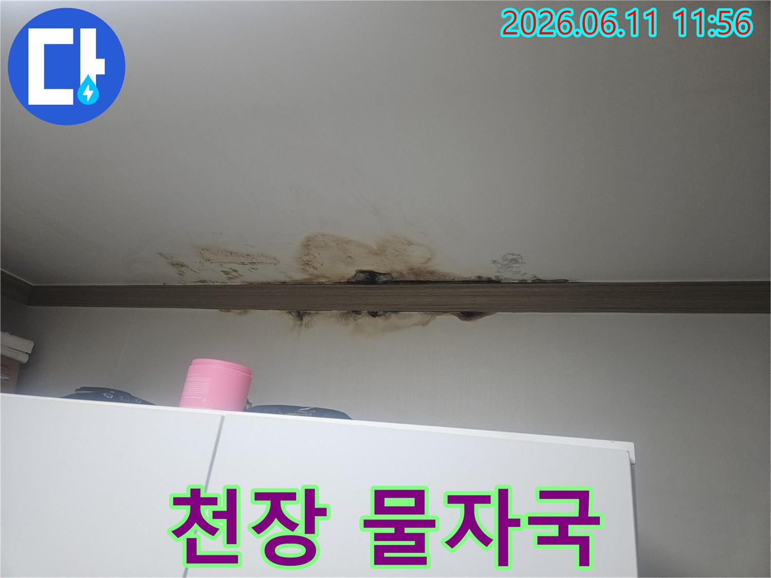 천장 마감재에-짙은 물자국과-곰팡이가 번식한-누수 현장 모습