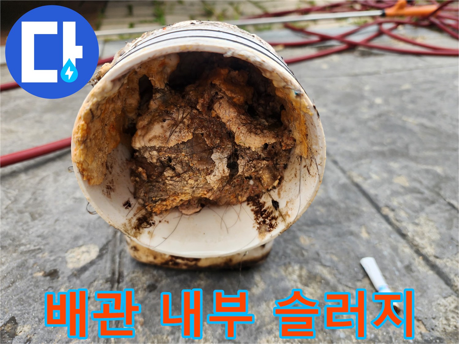 오수 배관 내부에 가득 찬 유지방 슬러지 덩어리
