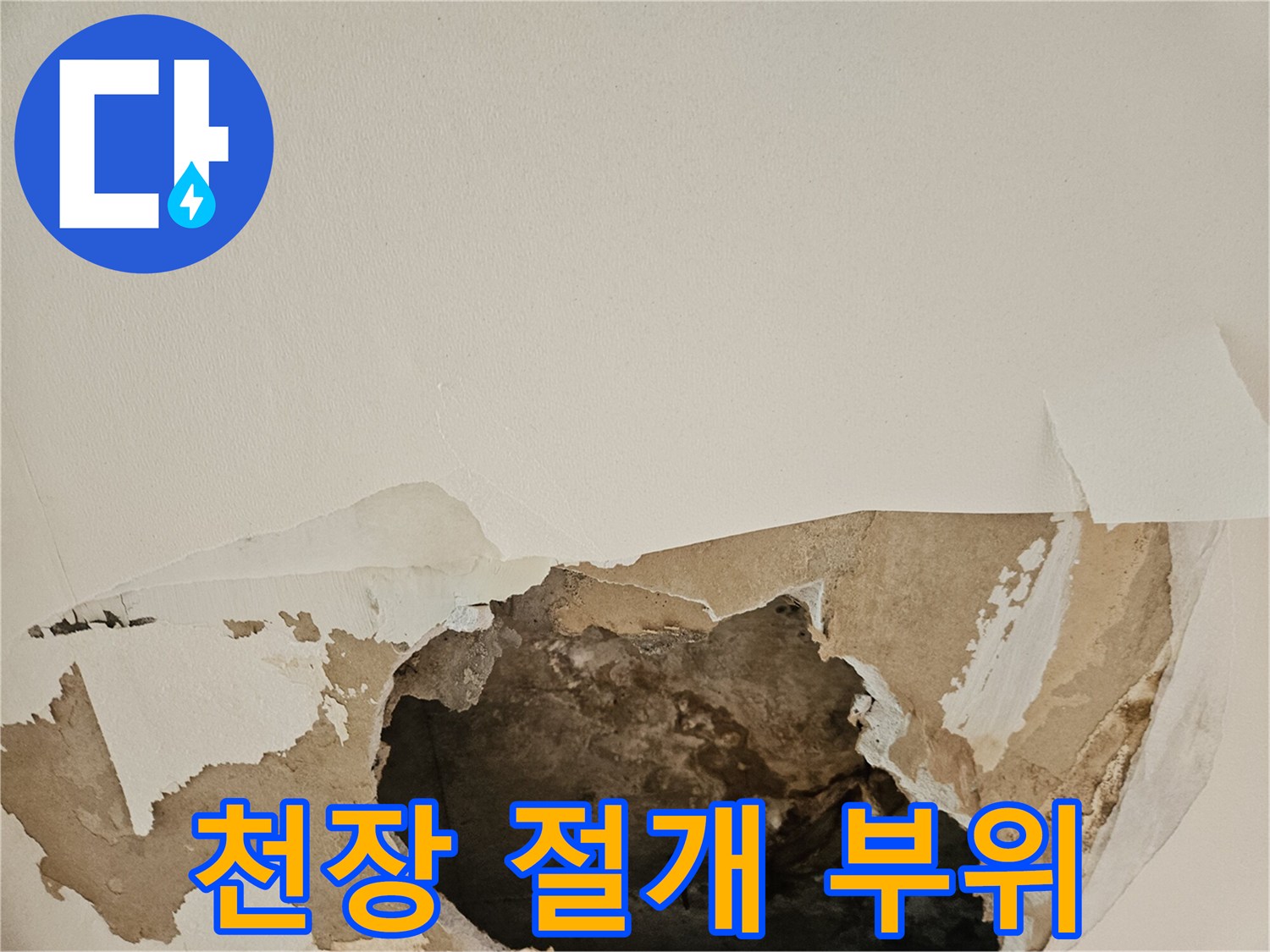천장 내부 확인을 위해 절개된 벽면과 젖은 마감재