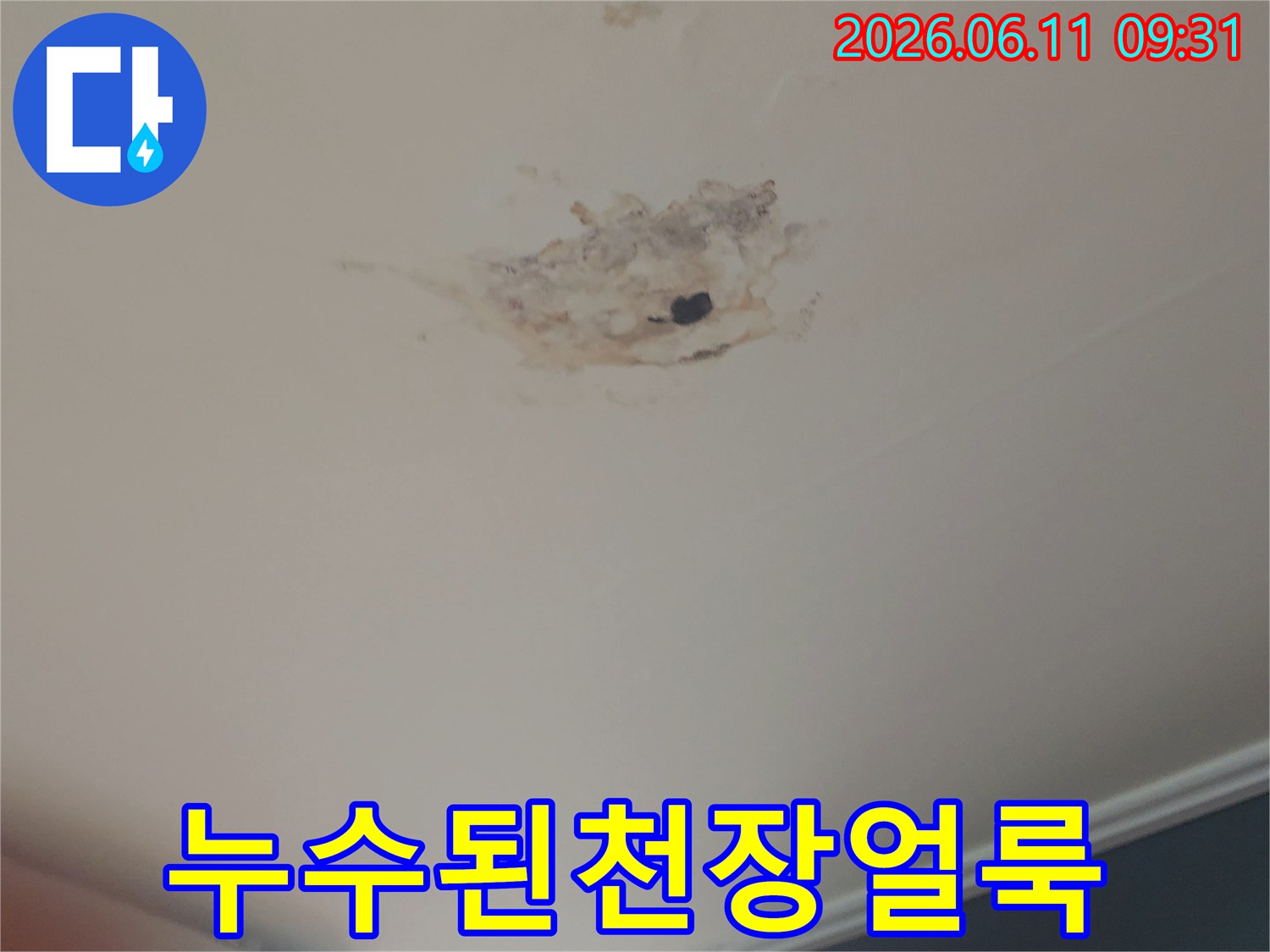 천장-중앙에-물자국과-함께-마감재가-손상된-누수-피해-현장-사진