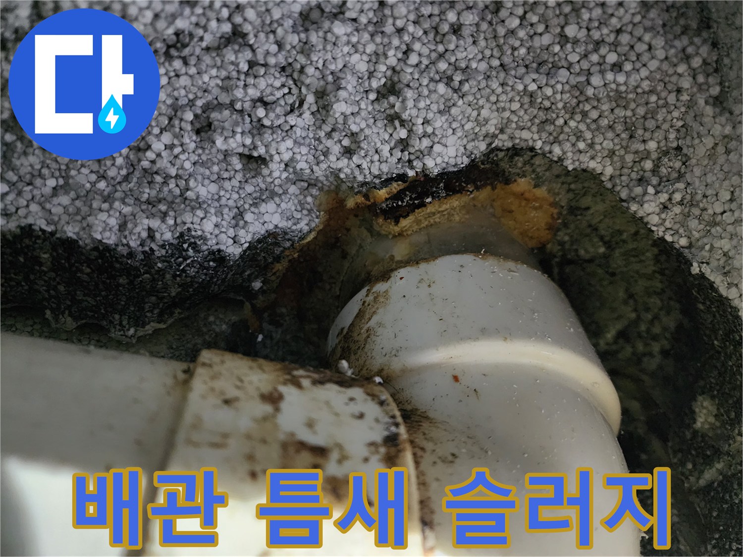하수구 배관 연결 부위의 오염 상태를 보여주는 사진입니다