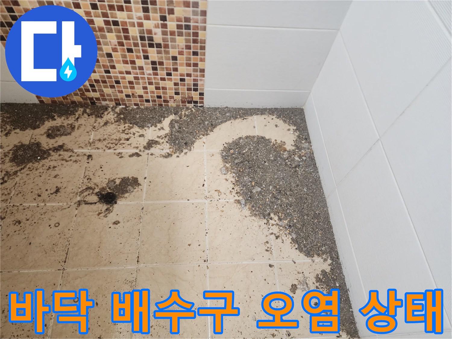 남양주 금곡동 현장의 하수구 주변 이물질과 오염된 타일 바닥 모습
