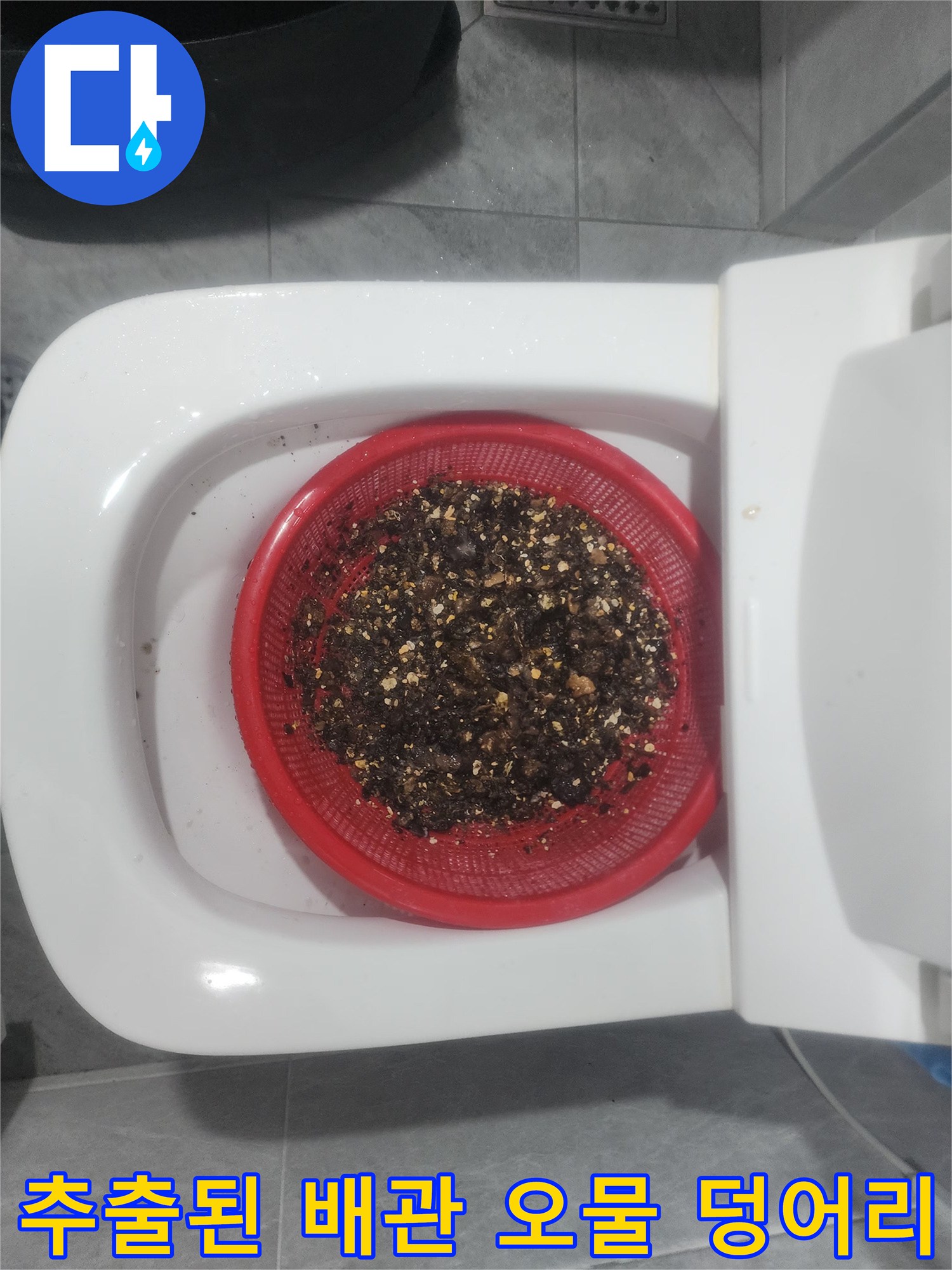 하수구 내부에서 분쇄되어 올라온 기름 슬러지 더미