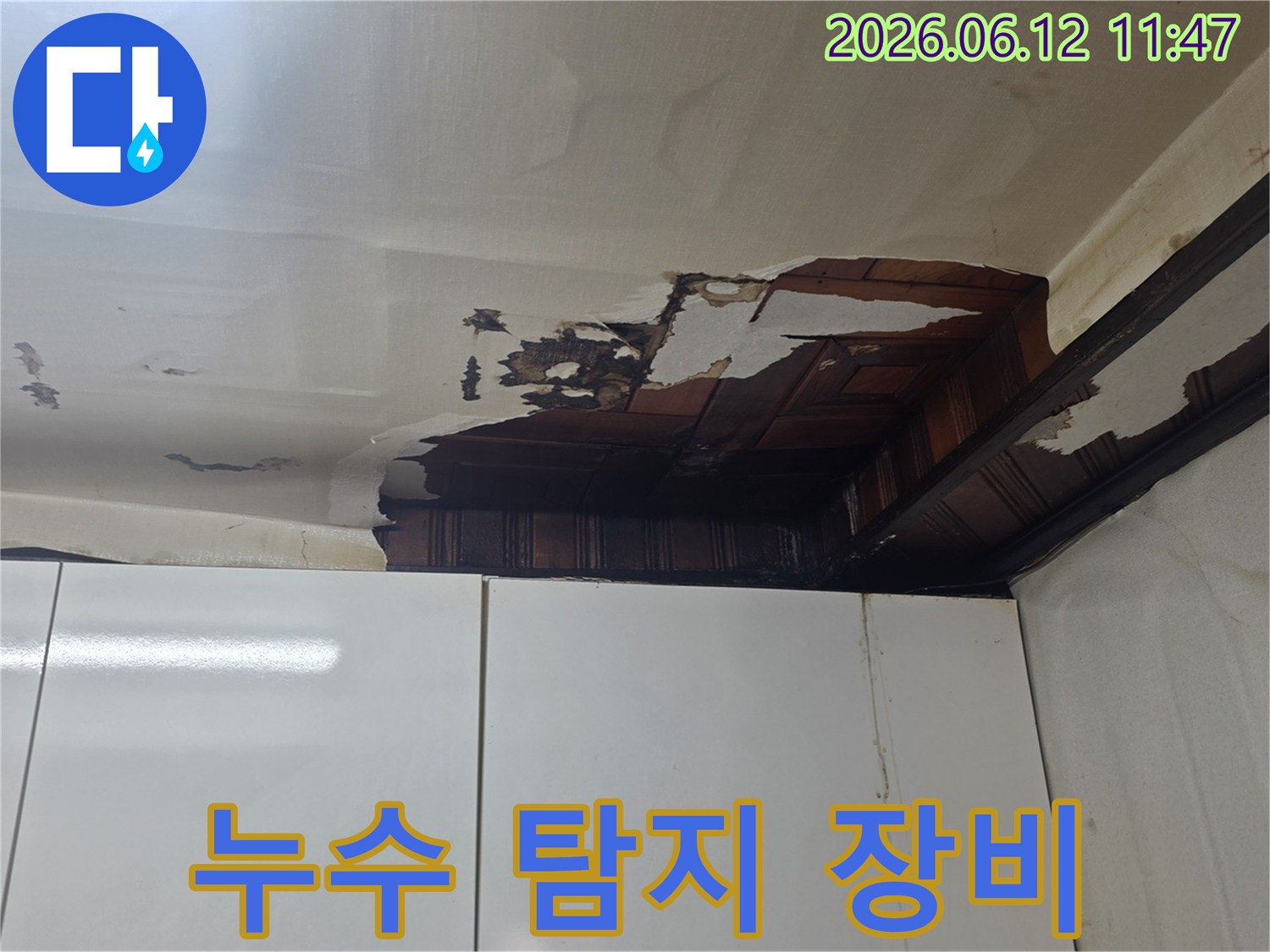 천장 벽지가 젖고 뜯겨져-누수 탐지 장비 활용이 필요한 현장