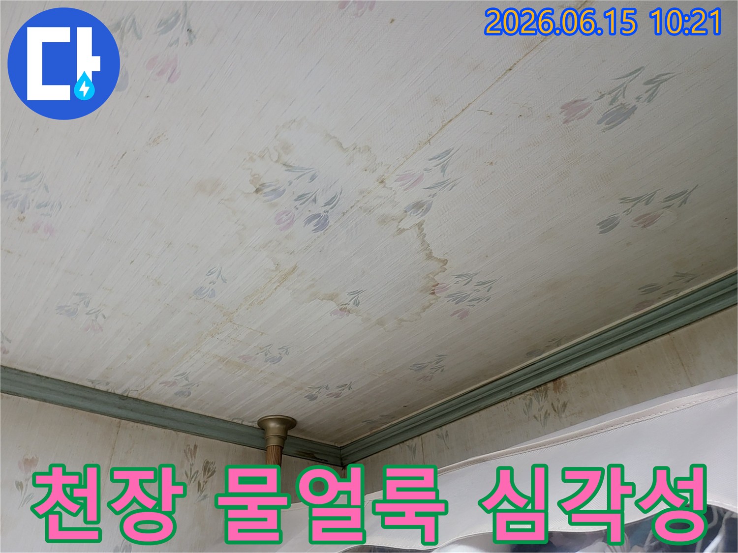 누수로 인해-천장 벽지에 생긴-광범위한 물얼룩과-변색을 보여주는 사진입니다