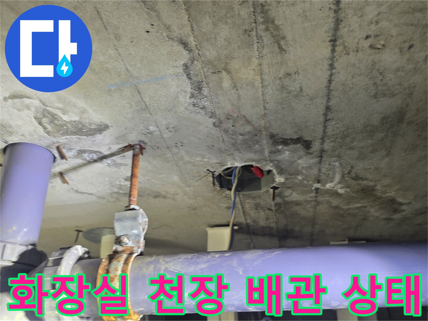 화장실 천장 내부-보라색 배관과 슬래브 균열 확인