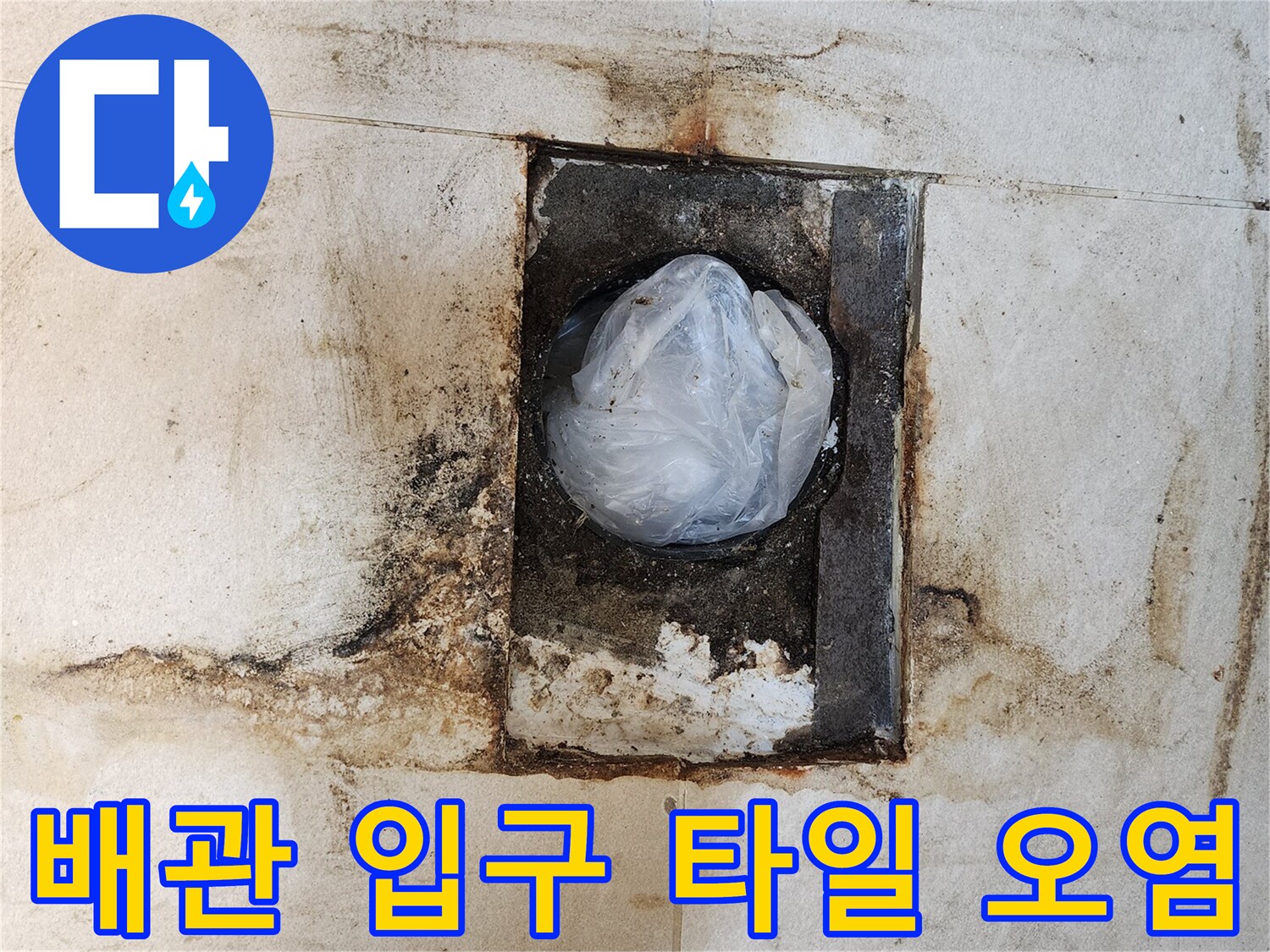 타일 틈새로 스며든 물로 인해 변색된 배관 주변 모습