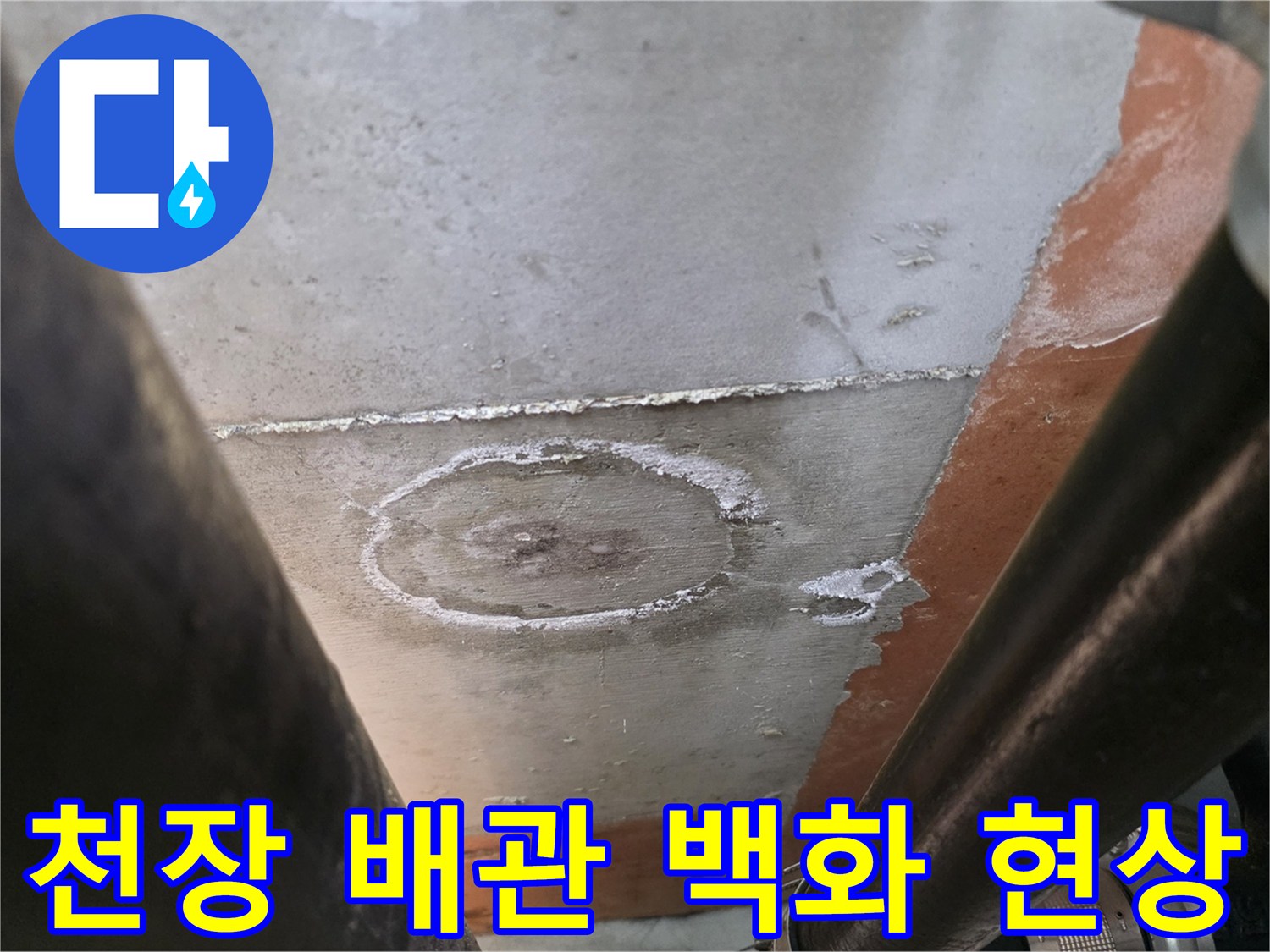 배관 주변에 하얗게 나타난 누수 흔적과 습기 상태