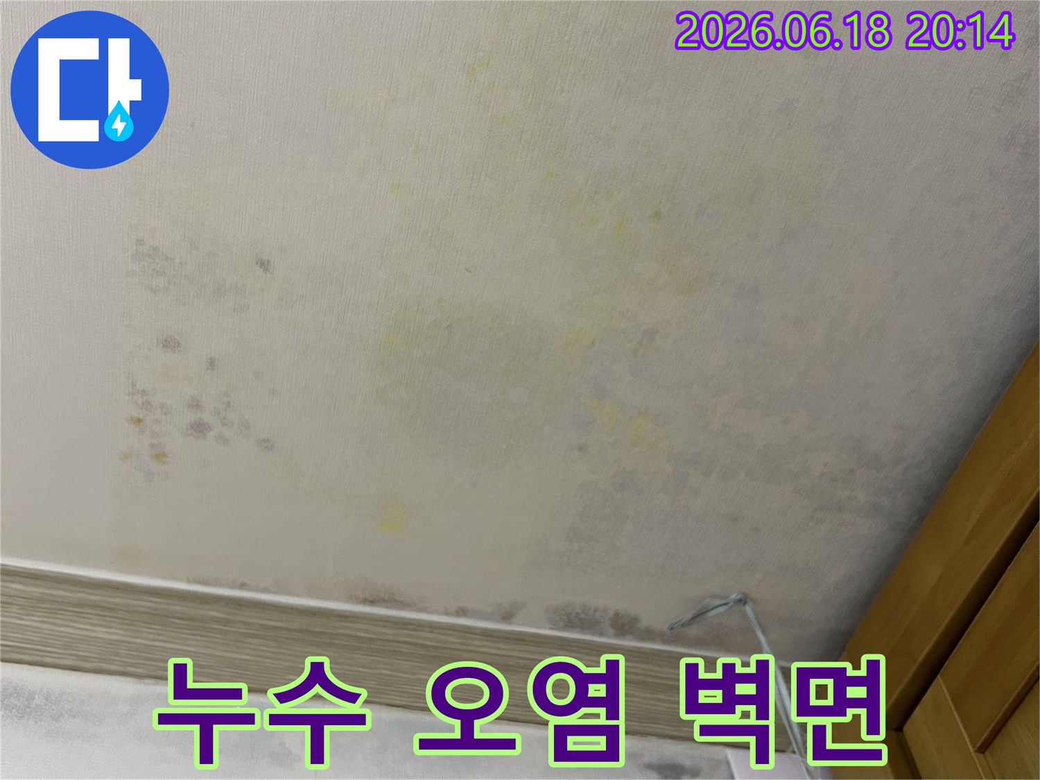 누수로-인해-벽면이-오염되고-곰팡이가-번식한-모습이-찍힌-사진입니다.