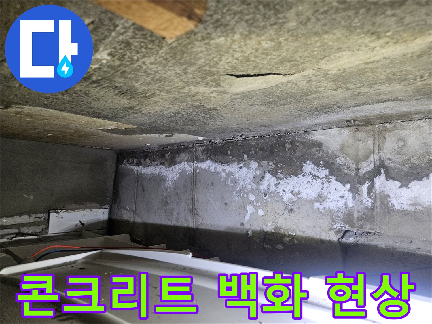 습기로 인해 하얗게 일어난 콘크리트 벽면과 균열