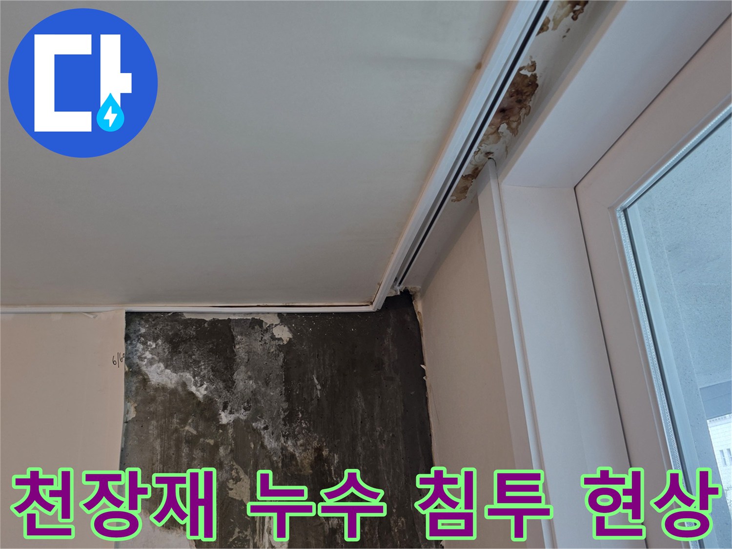 습기로 인해 어둡게 변한 천장 경계면