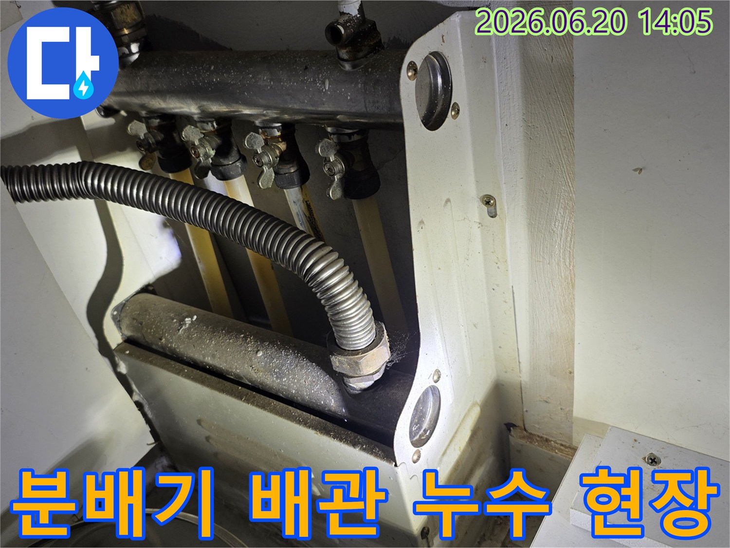 보일러-분배기-아래-배관에서-발견된-누수-의심-현장