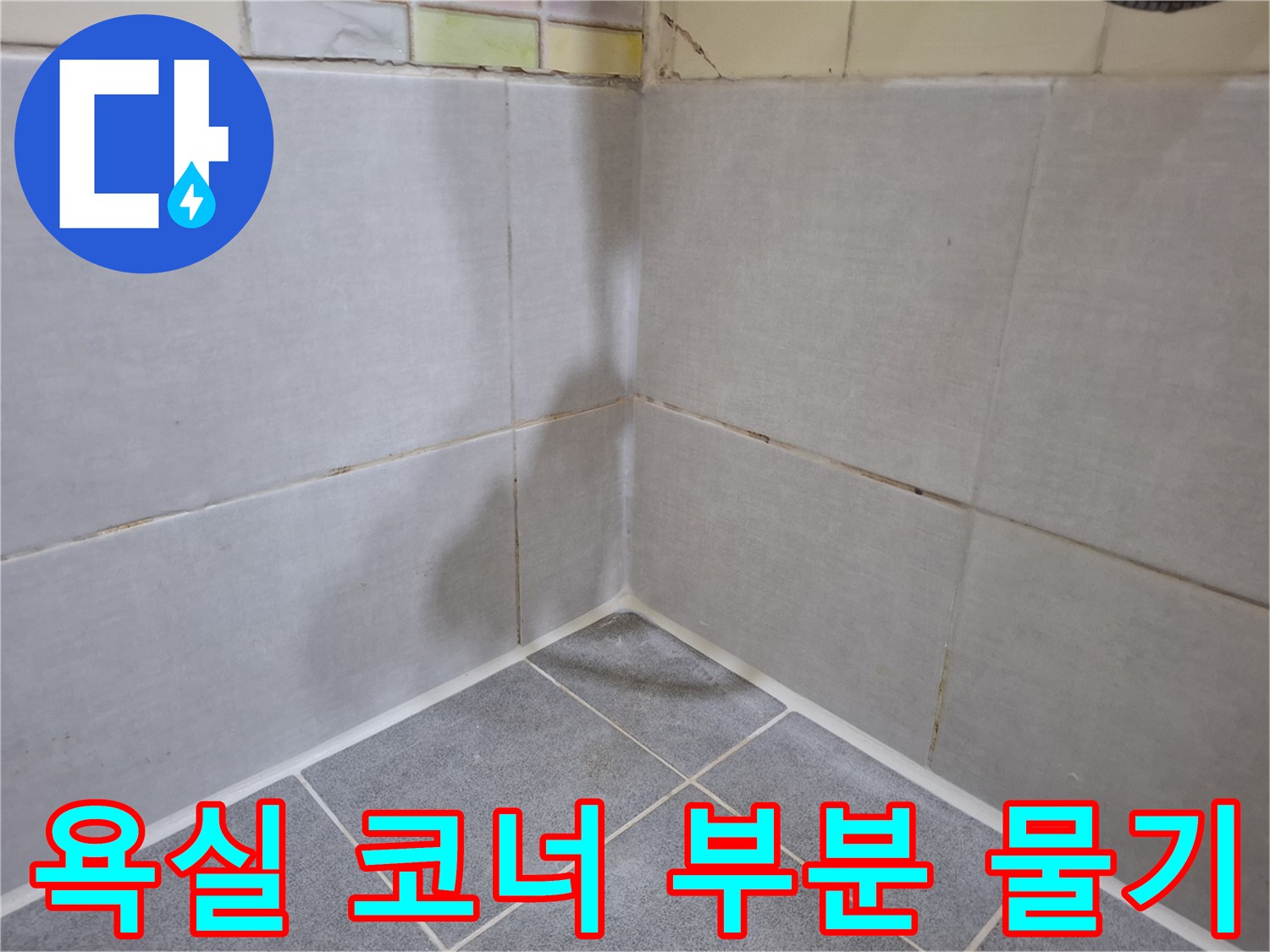 물기가 스며든 화장실 타일 모서리 상세 사진