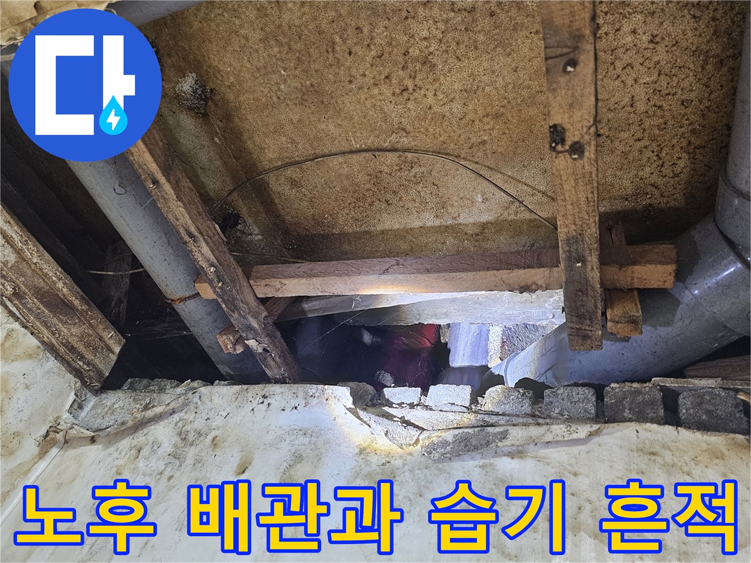 천장-내부-배관-및-목재-지지대-습기-상태-사진