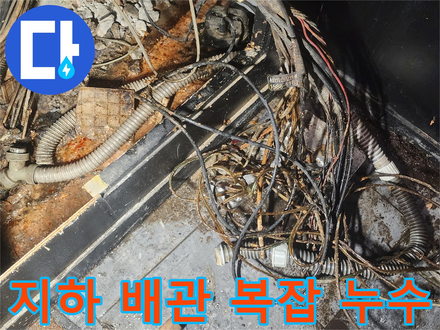 누수-엔지니어가-지하-배관의-복잡한-누수-현장에서-물에-젖고-부식된-배관과-전선들을-정밀하게-조사하고-있습니다