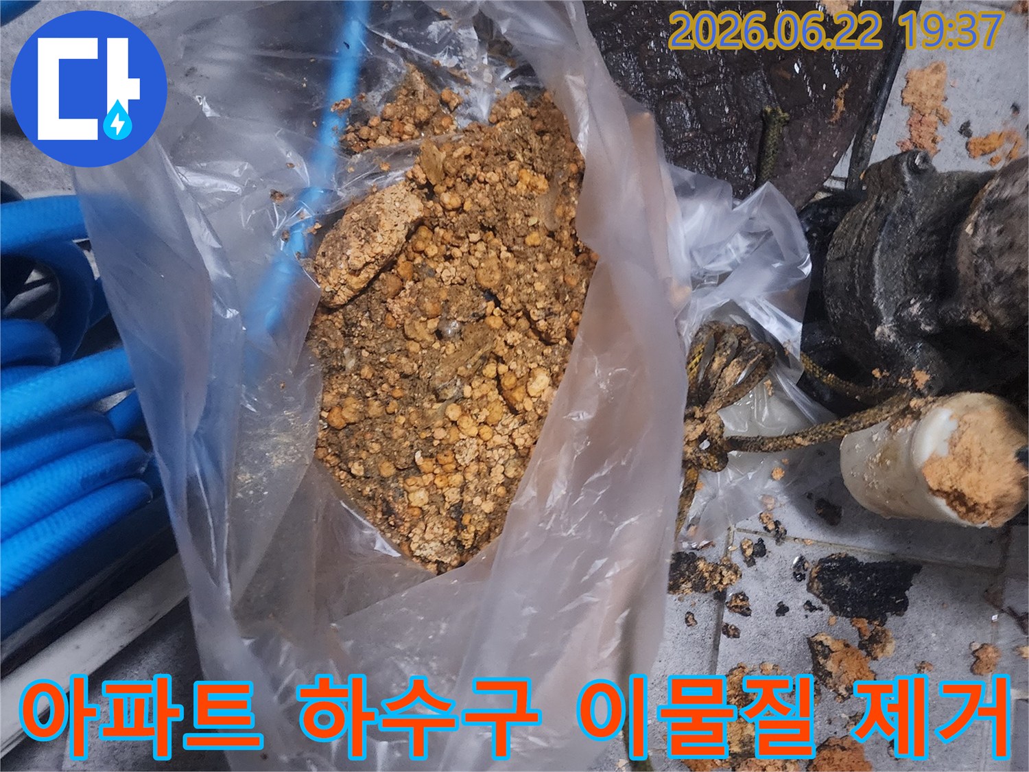 아파트 하수구에서 제거된-끈적한 이물질이-투명 봉투에 담겨있는 사진