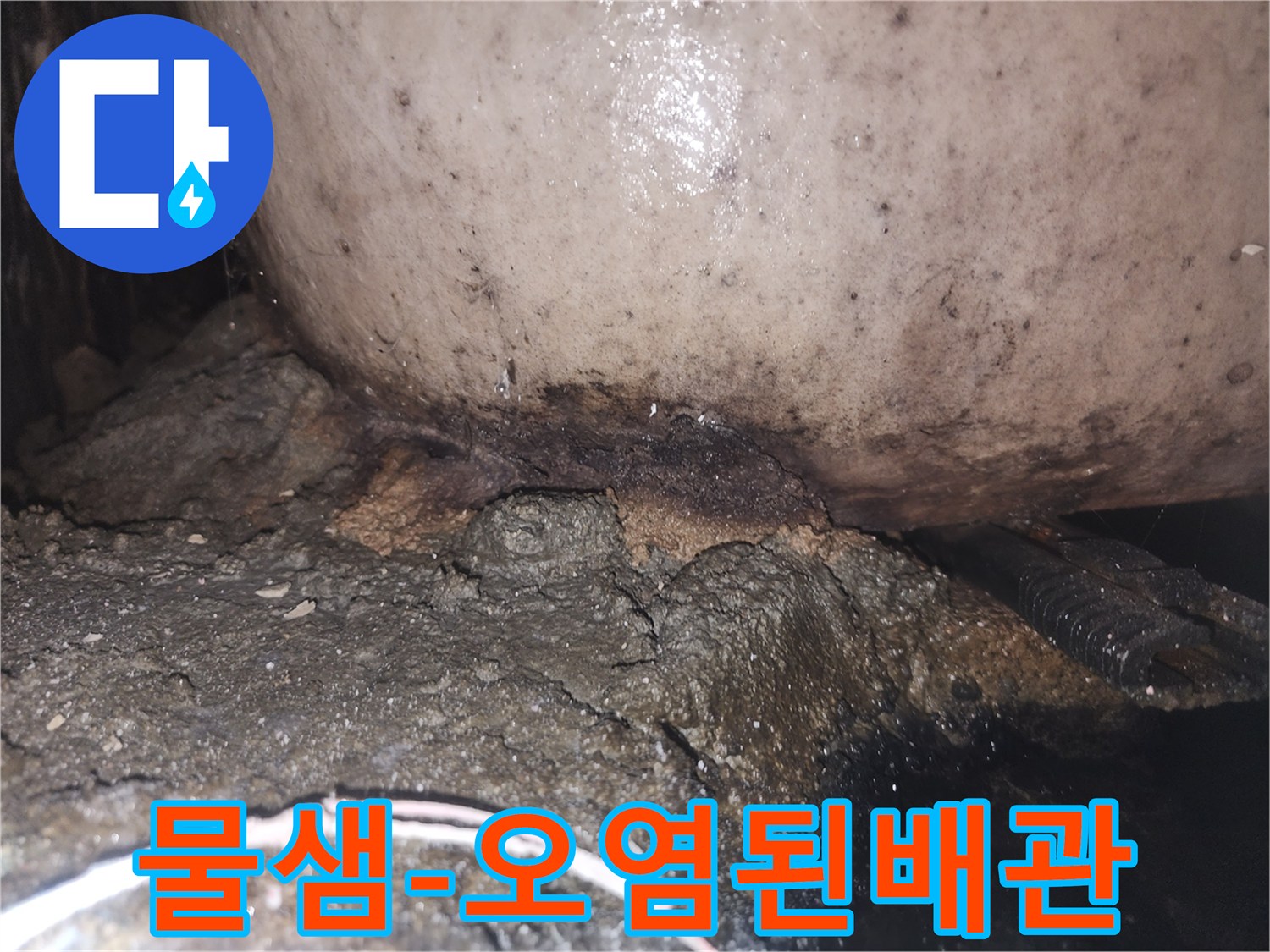 누수로 인해 배관 하부의 시멘트가 부식되고 곰팡이가 번식한 모습