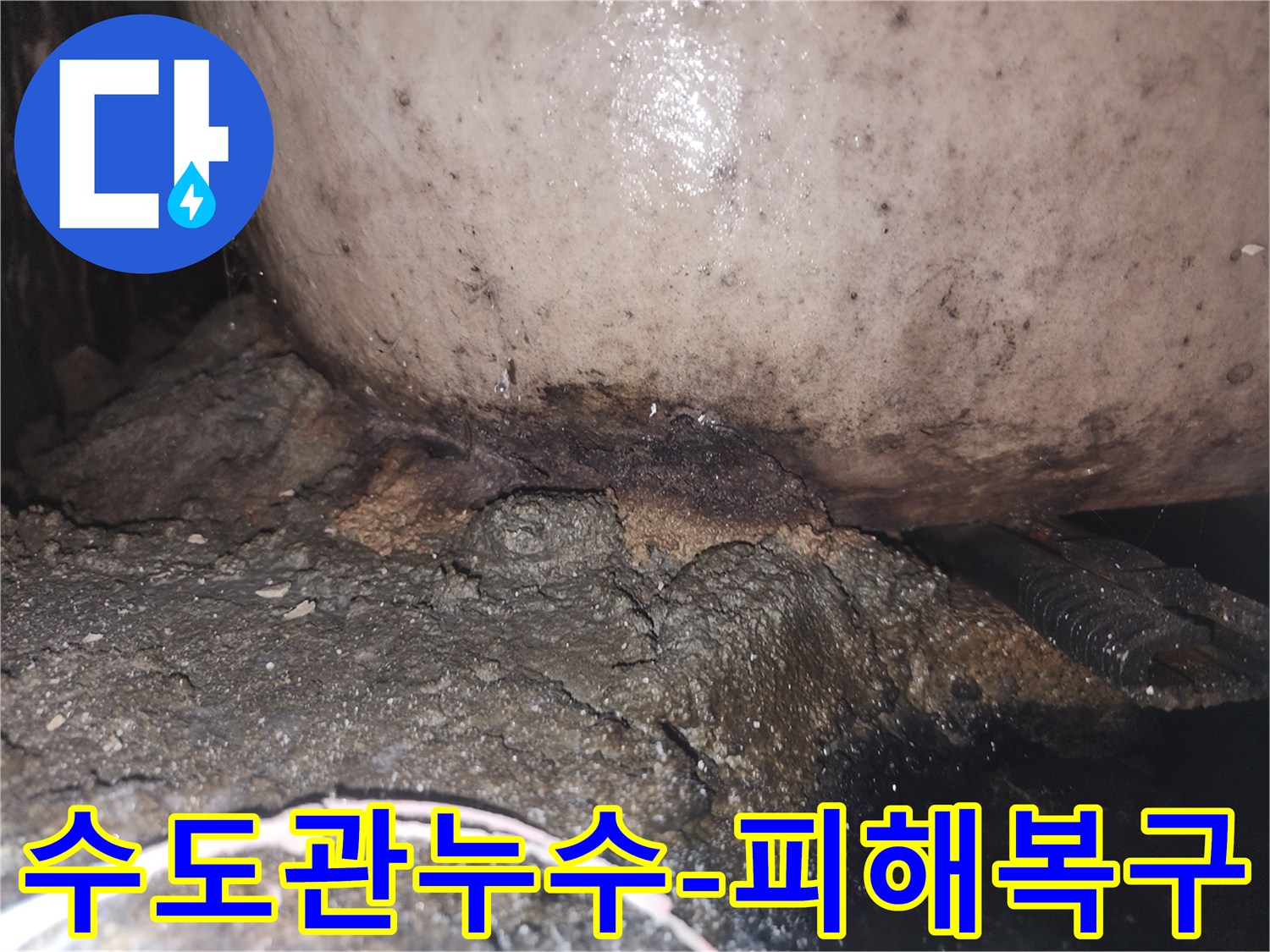 배관 주변의 콘크리트가 물에 젖어 부스러지고 곰팡이가 발생한 누수 현장