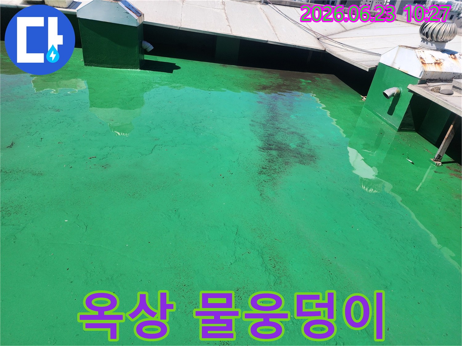 녹색 옥상에-흙먼지와 함께-물이 고여있는-방수 공사 전-현장 이미지입니다