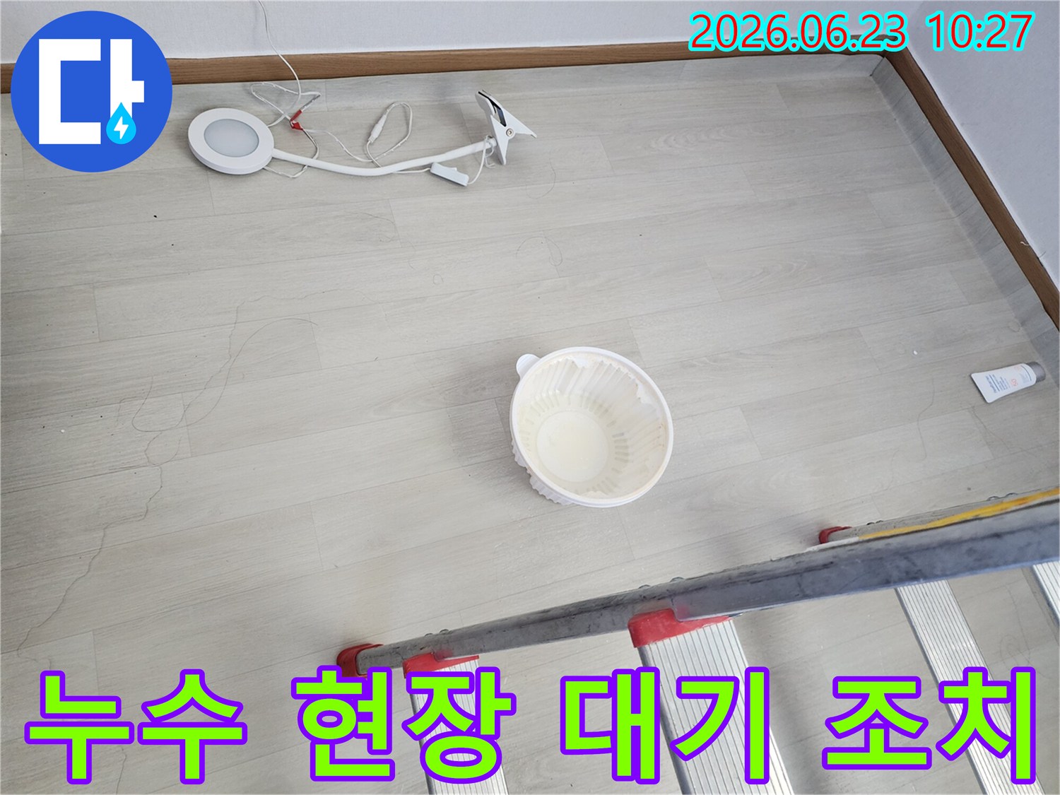 천장에서 물이 떨어져 바닥에 놓인 물받이 그릇과-누수 지점 확인 및 작업을 위한 사다리-조명 장비가 함께 보이는-누수 현장 준비 단계의 모습입니다