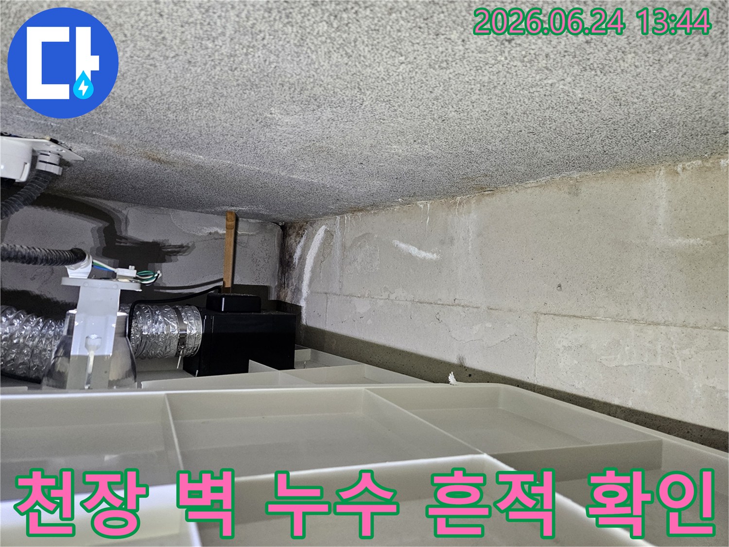 콘크리트 천장과 벽면에서 발견된-누수 흔적을 보여주는-현장 사진입니다