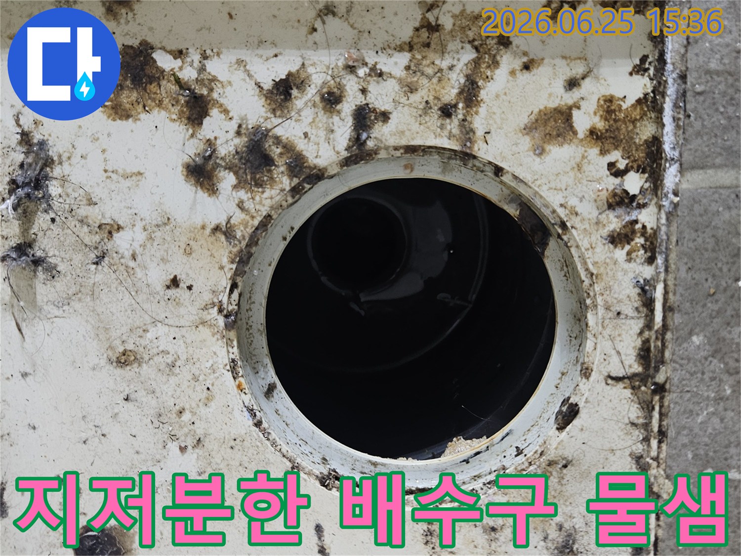 오염된 배수구 주변에 물때와 곰팡이가 심하게 낀 상태-지속적인 물샘의 증거를 보여줍니다