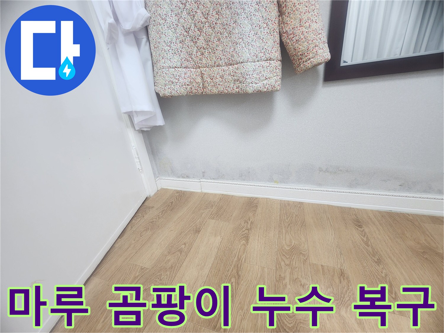 마루 바닥과 벽면 경계에 보이는-습기와 곰팡이 자국은-누수로 인한 마루 손상을 나타내며-누수 탐지 후 완벽 복구가 시급합니다.