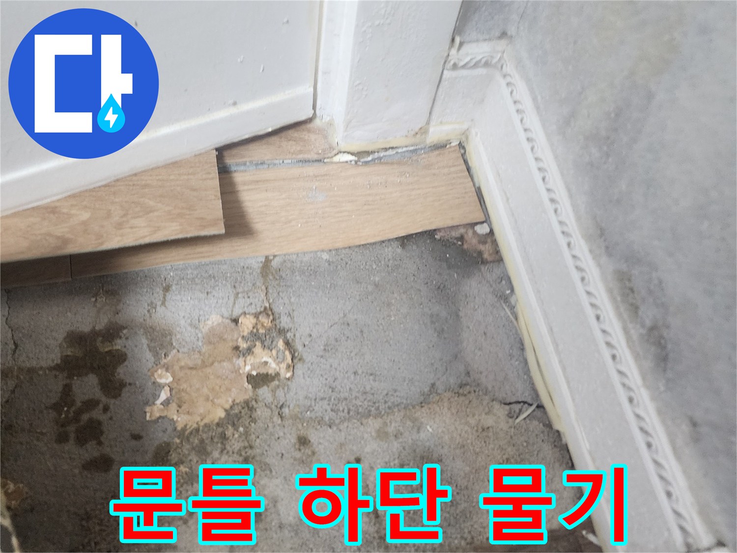 문틀 아래쪽 바닥에-젖은 흔적과-부분적으로 제거된 마루가-누수 문제를 보여줍니다.