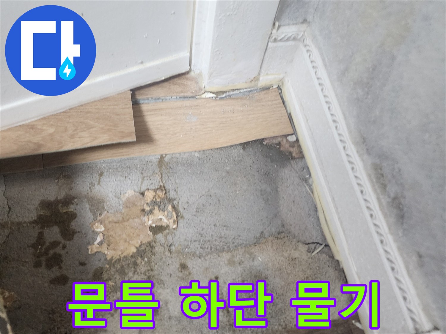 문틀 아래쪽 바닥에-젖은 흔적과-부분적으로 제거된 마루가-누수 문제를 보여줍니다.