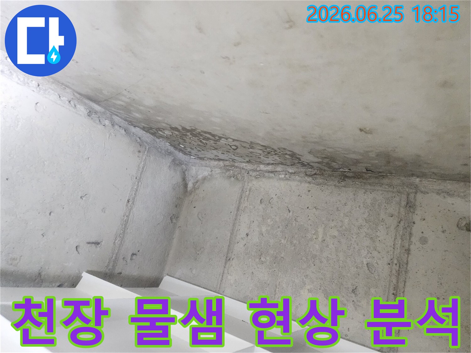 아래층 화장실 천장의-물샘 현상을-면밀히 분석하고 있습니다.