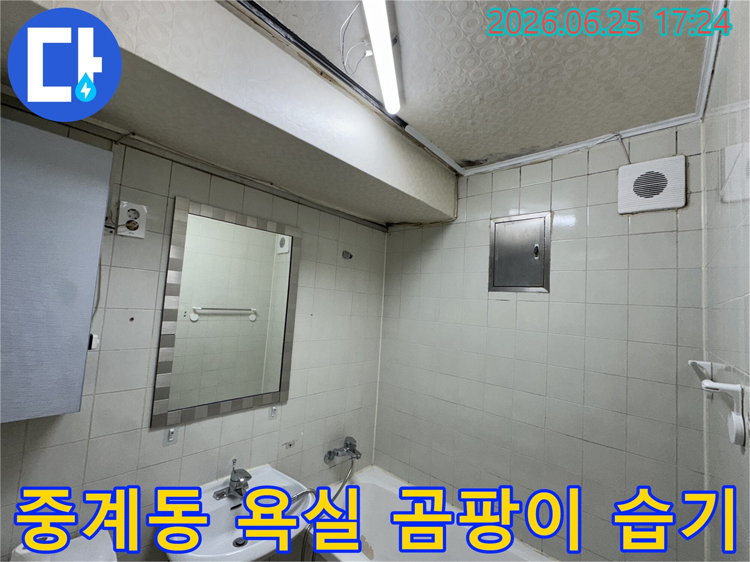 노원구-중계동-아파트-욕실-천장-누수로-인해-발생한-심각한-물자국과-곰팡이-피해-현장을-전문-누수-탐지사가-정밀하게-진단하는-모습