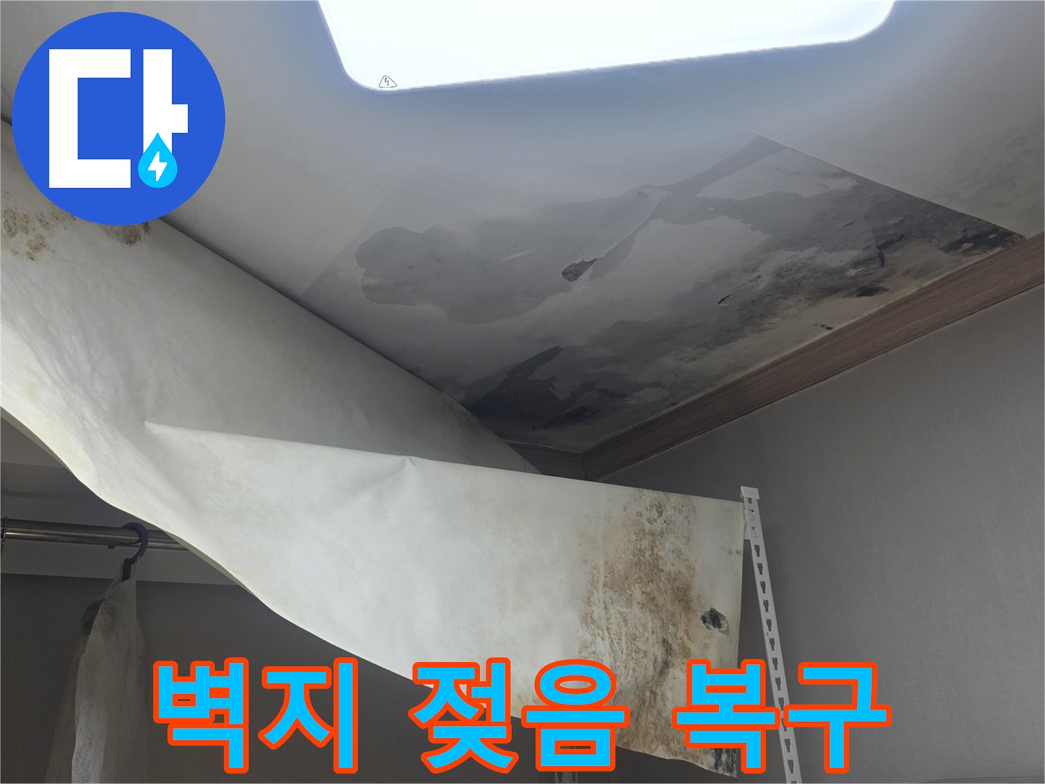천장 벽지가 물에 젖어-심하게 손상되고-곰팡이가 번식한-누수 피해 현장입니다