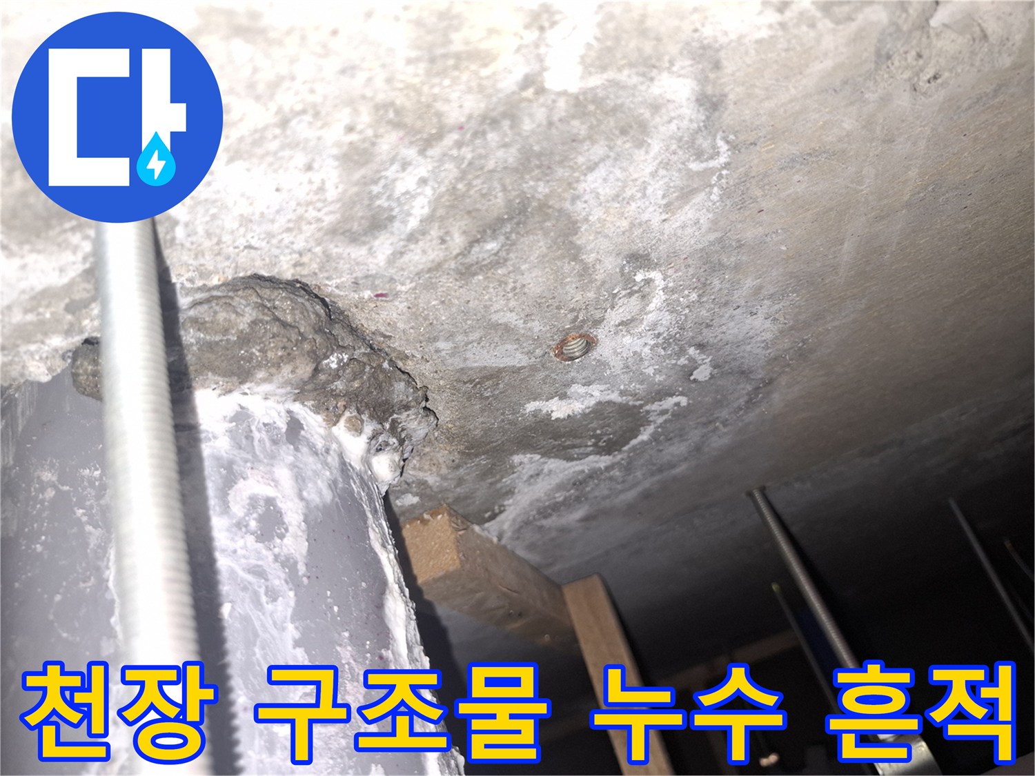 사무실 천장-배관 근처 콘크리트의 물샘 흔적과 얼룩