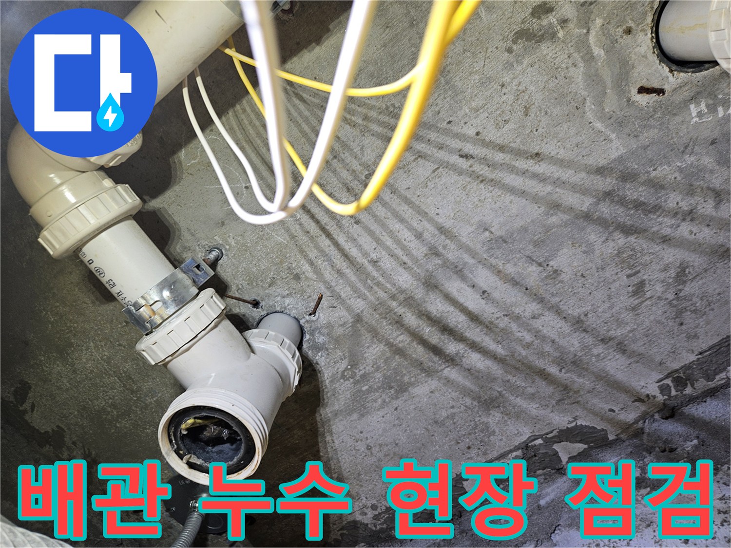 천장 내부의 하수 배관과 물에 젖은 벽면을 보여줍니다.
