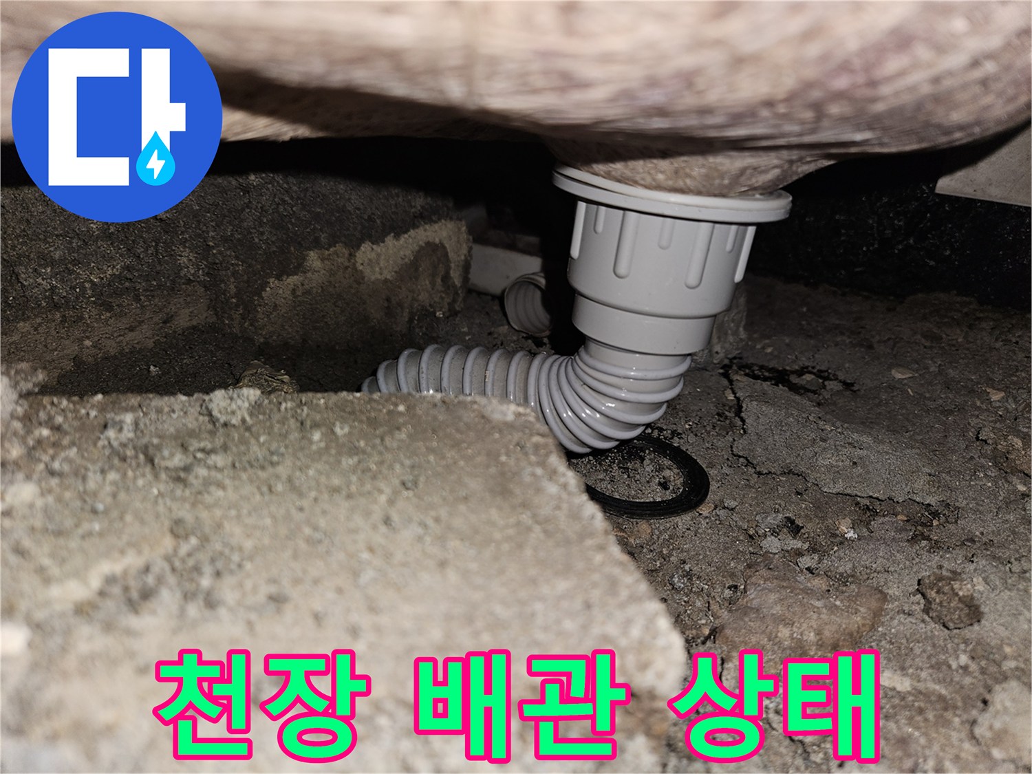 화장실 천장 콘크리트 사이로 보이는 하수 배관 연결 부위
