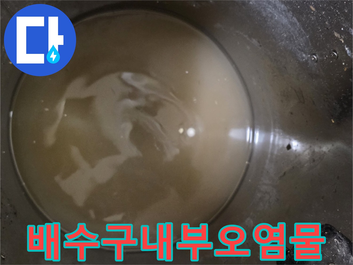 배수구-안쪽에-고여있는-탁하고-어두운색의-물