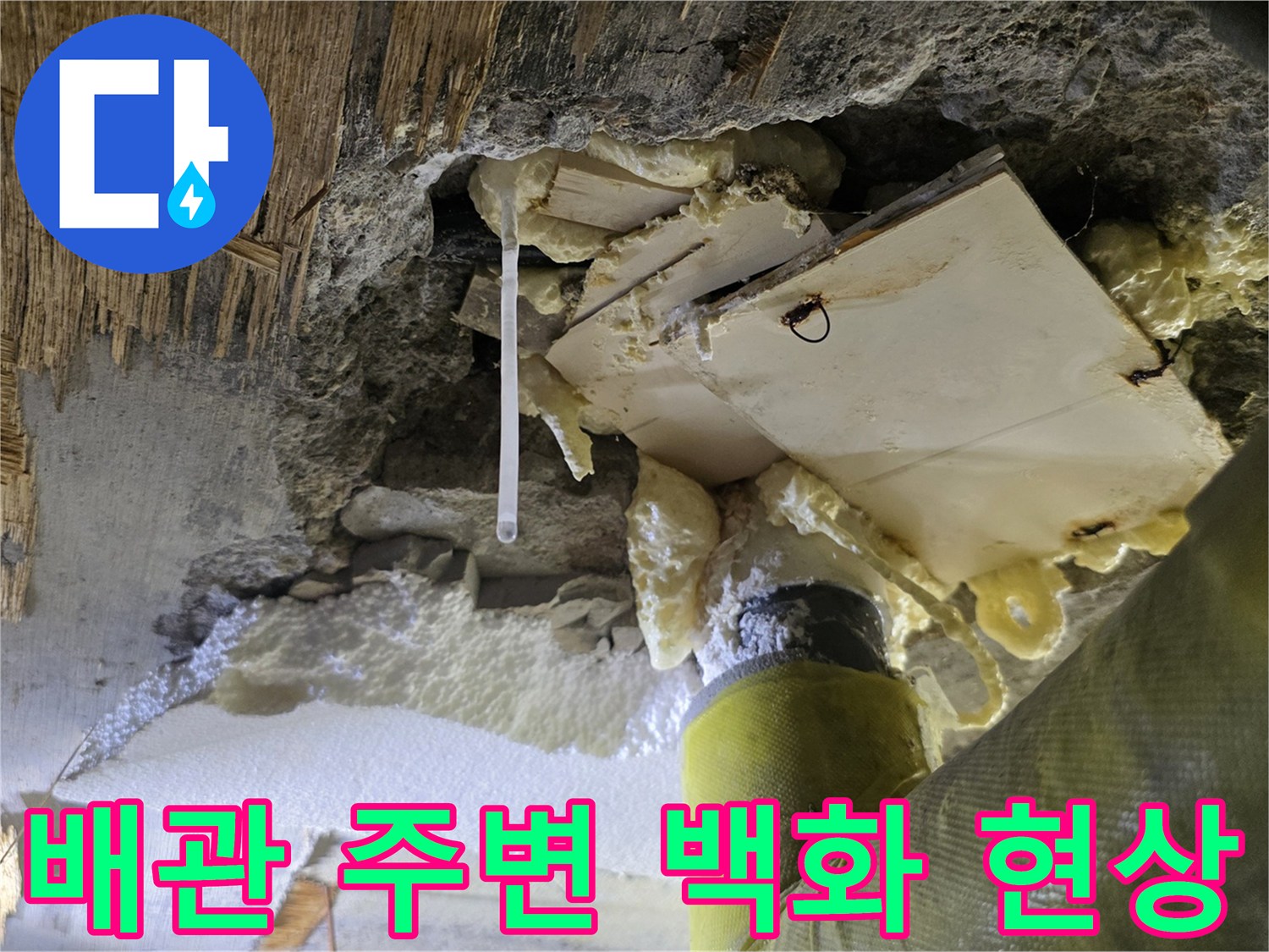 욕실 배관 주변 - 콘크리트 틈새로 발생한 하얀색 백화 퇴적물