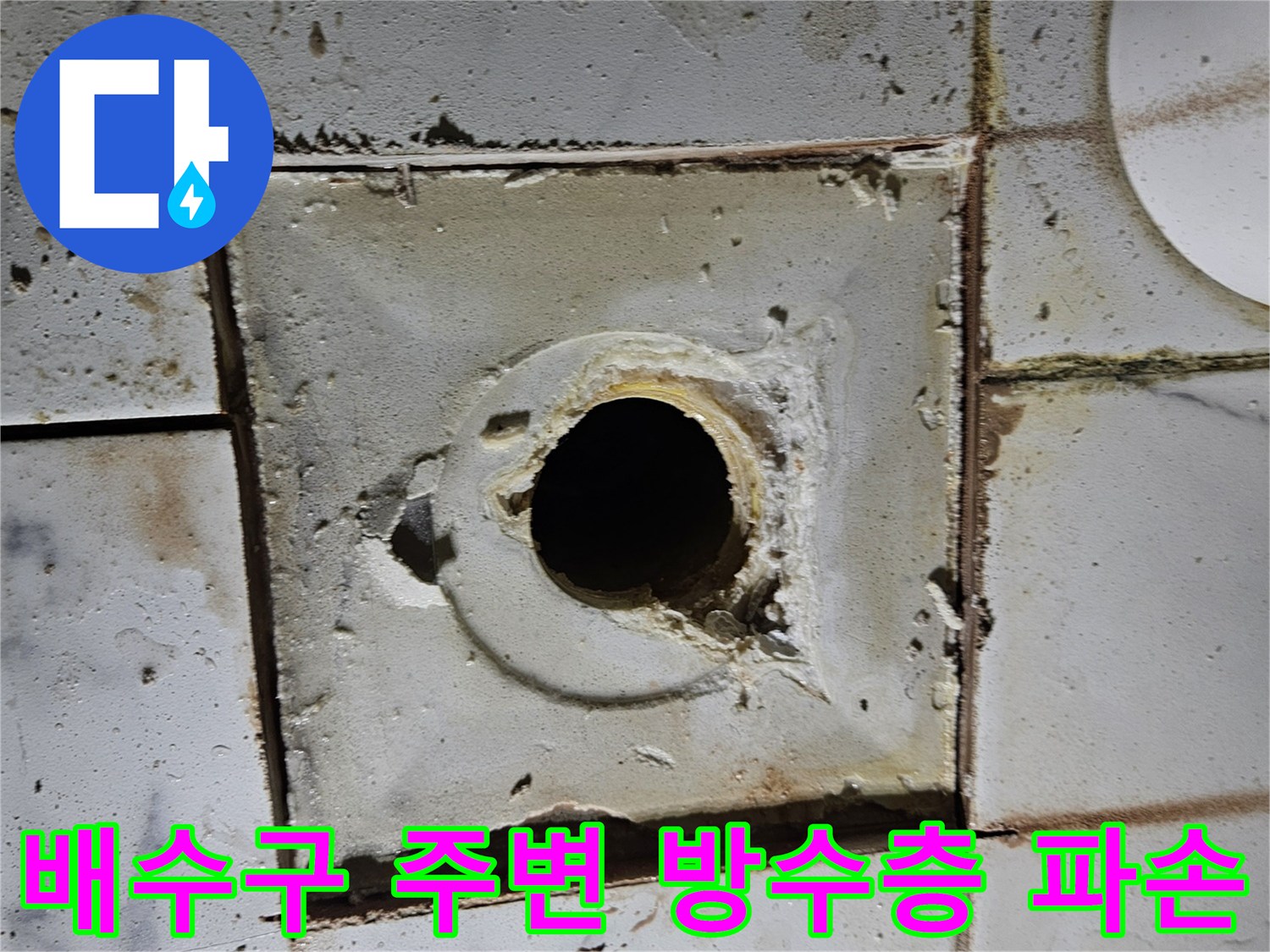 화장실 배수구-주변 타일 틈새와 파손된 방수층 모습