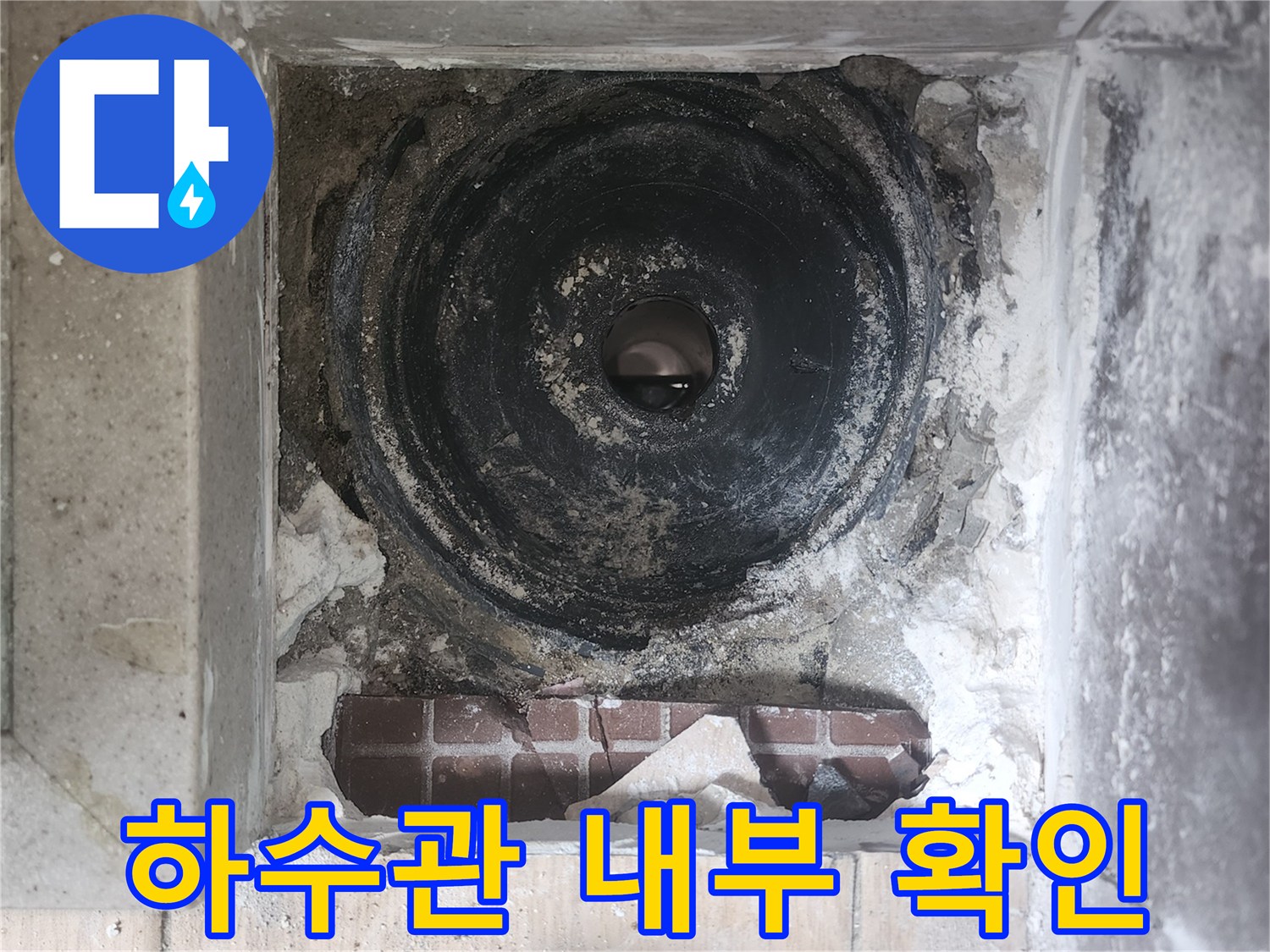 배수구 주변-노출된 검은색 하수관과 타일 틈새