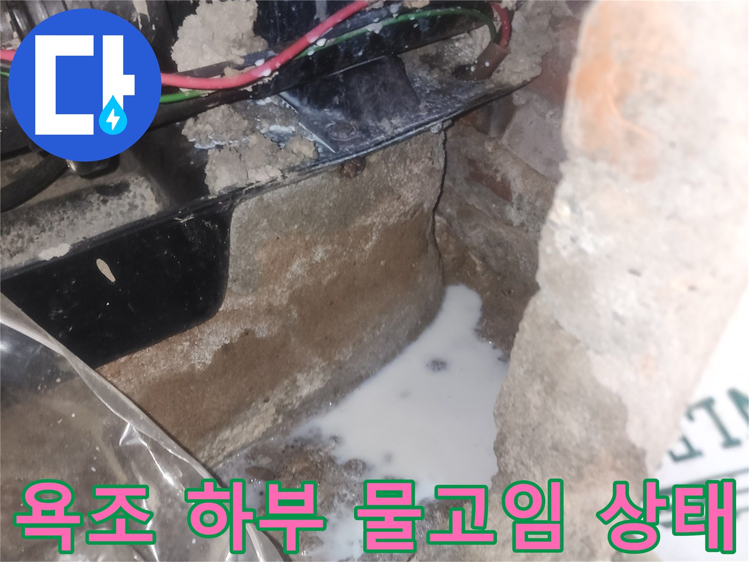 욕실 점검구 내부의 배관 및 고인 물 상세 사진