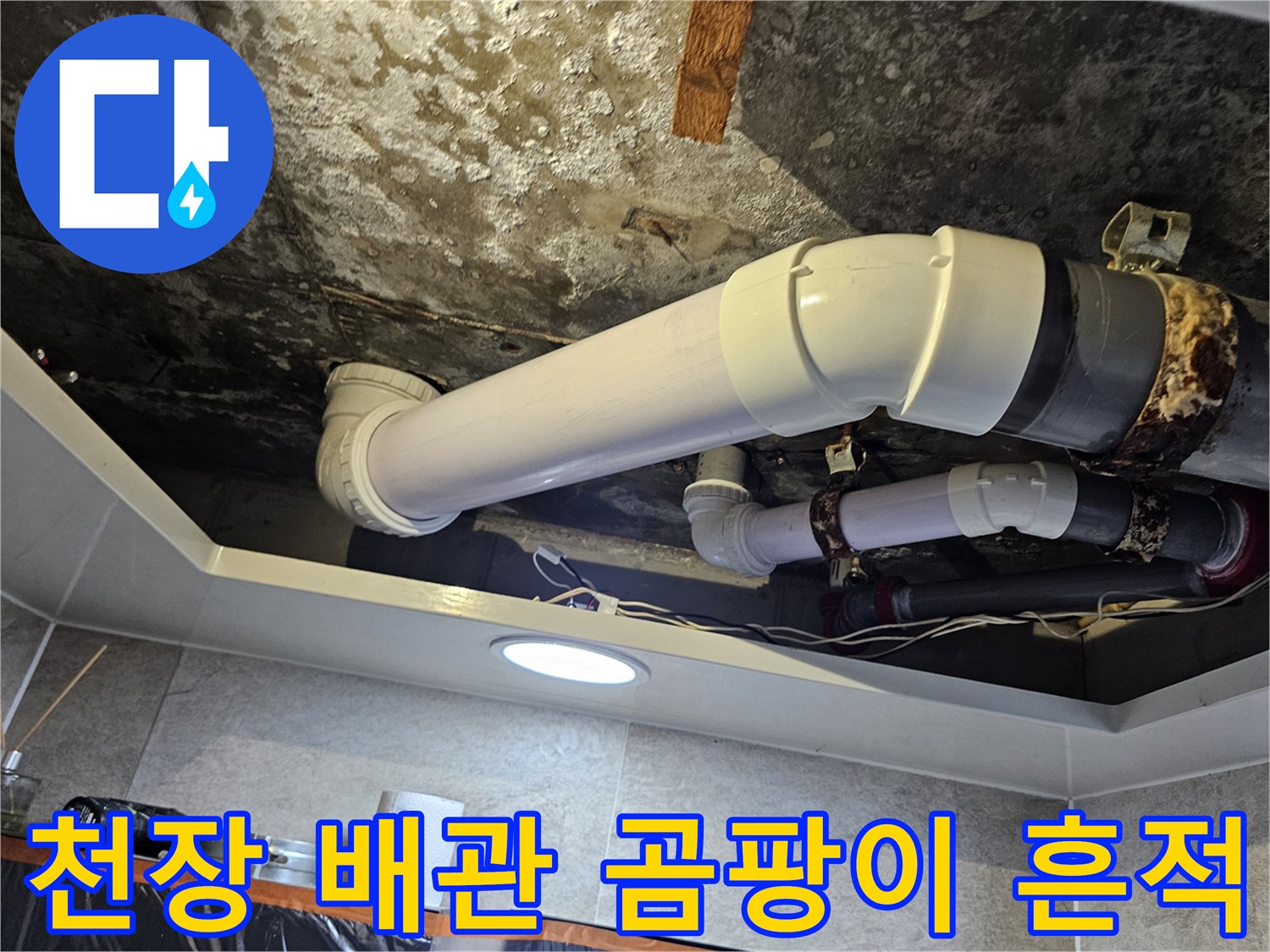 습기로 인해 검게 변한-천장 슬래브와 배관의 모습
