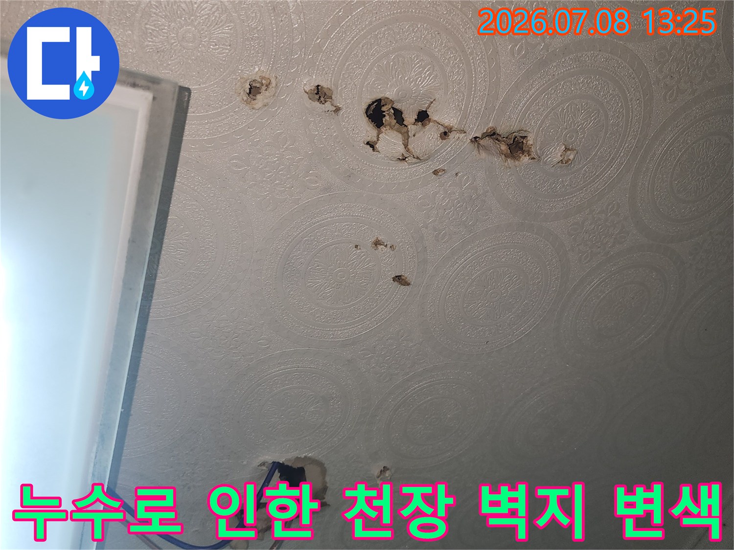 하수 배관 부속 파손으로 인해 젖어있는 화장실 천장 모습