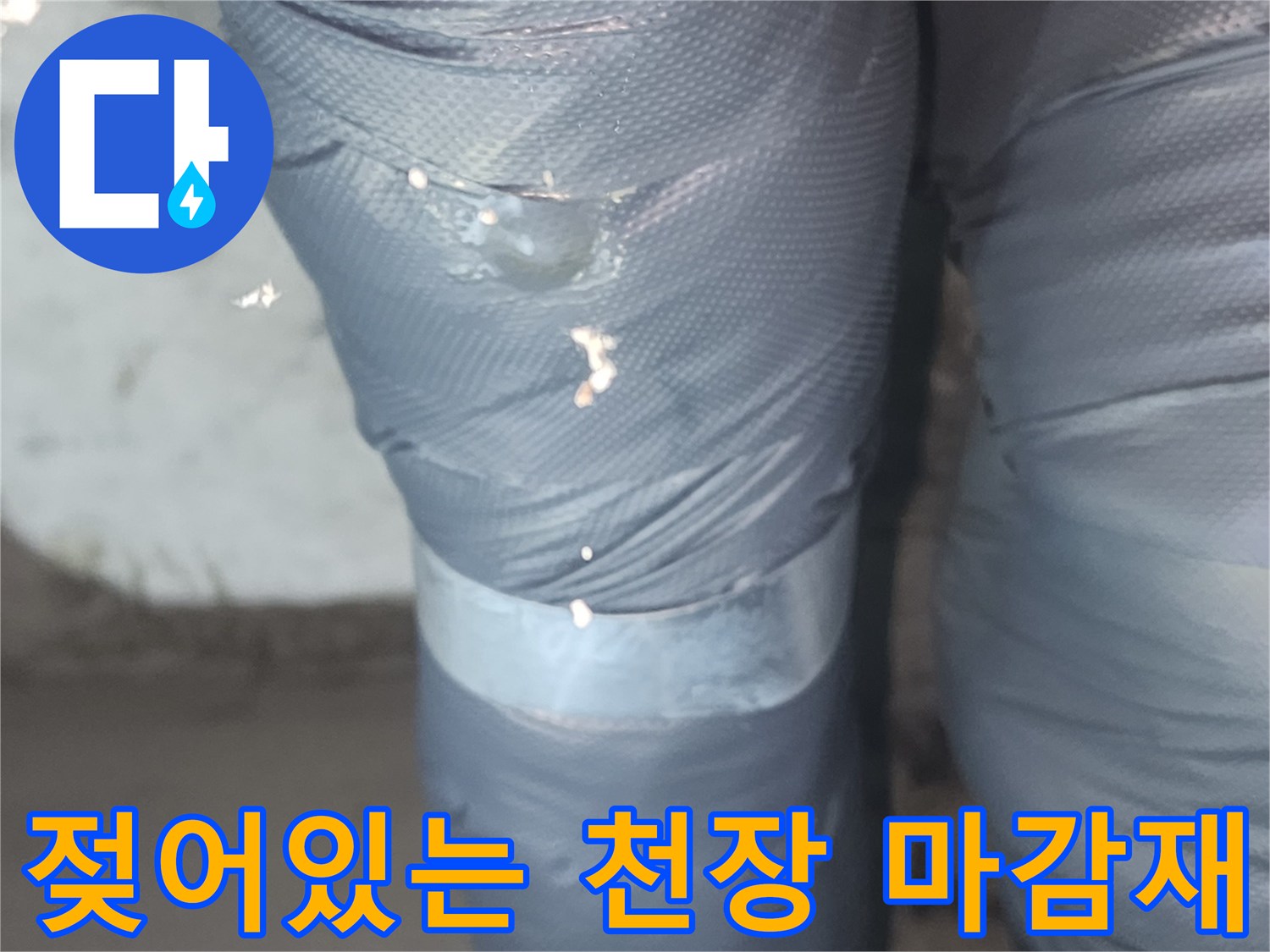 화장실 내부-배관 주변의 젖은 천장재 모습