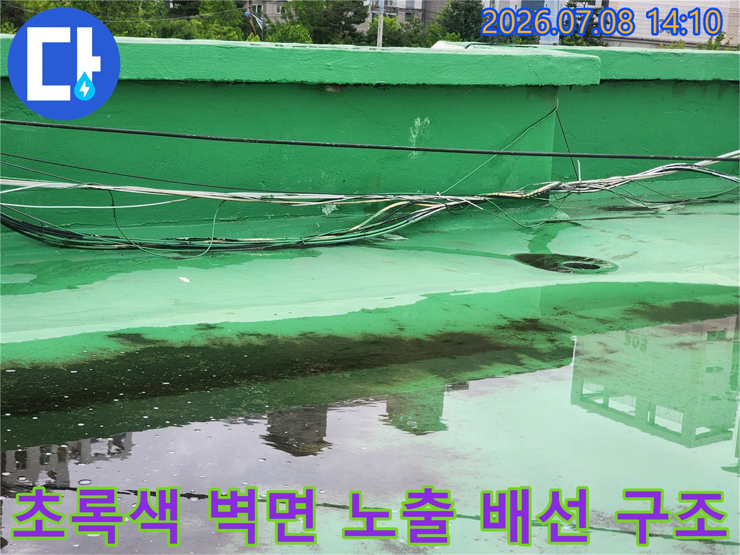 녹색으로 칠해진 외벽에 노출된 여러 가닥의 선과 관이 밀집된 구간