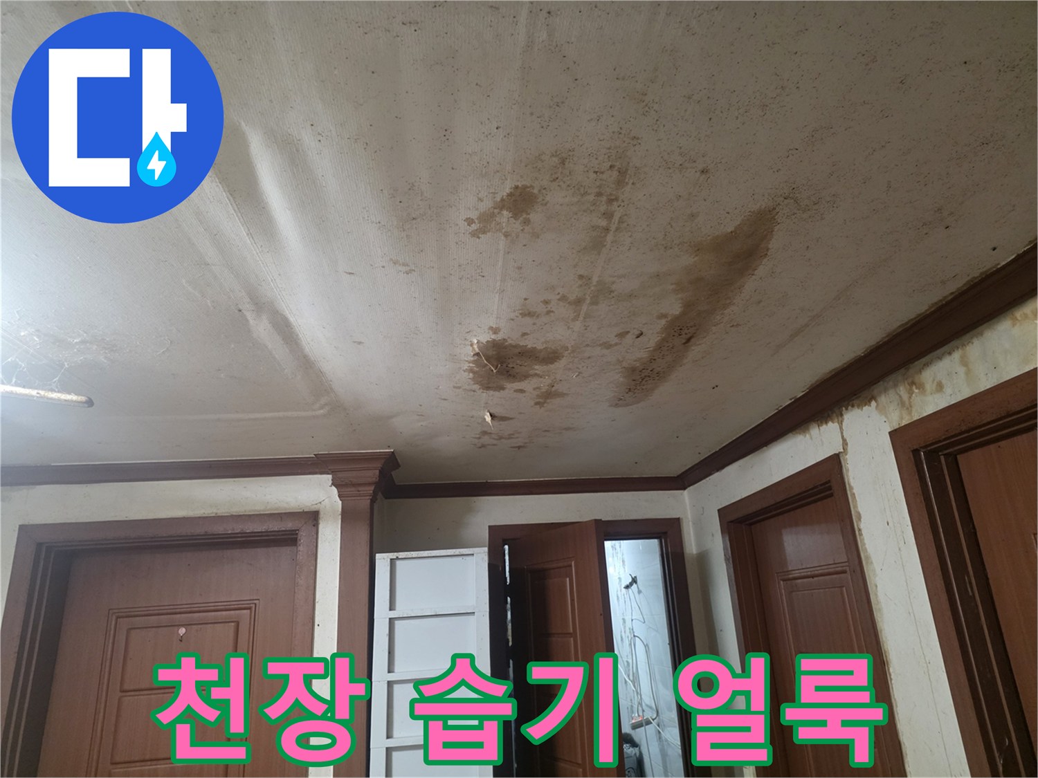 물에 젖어 어두워진 거실 천장 부위