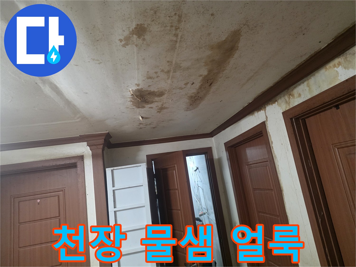부천 오정 댁 거실 천장에 발생한 넓은 범위의 누수 흔적과 젖은 자국